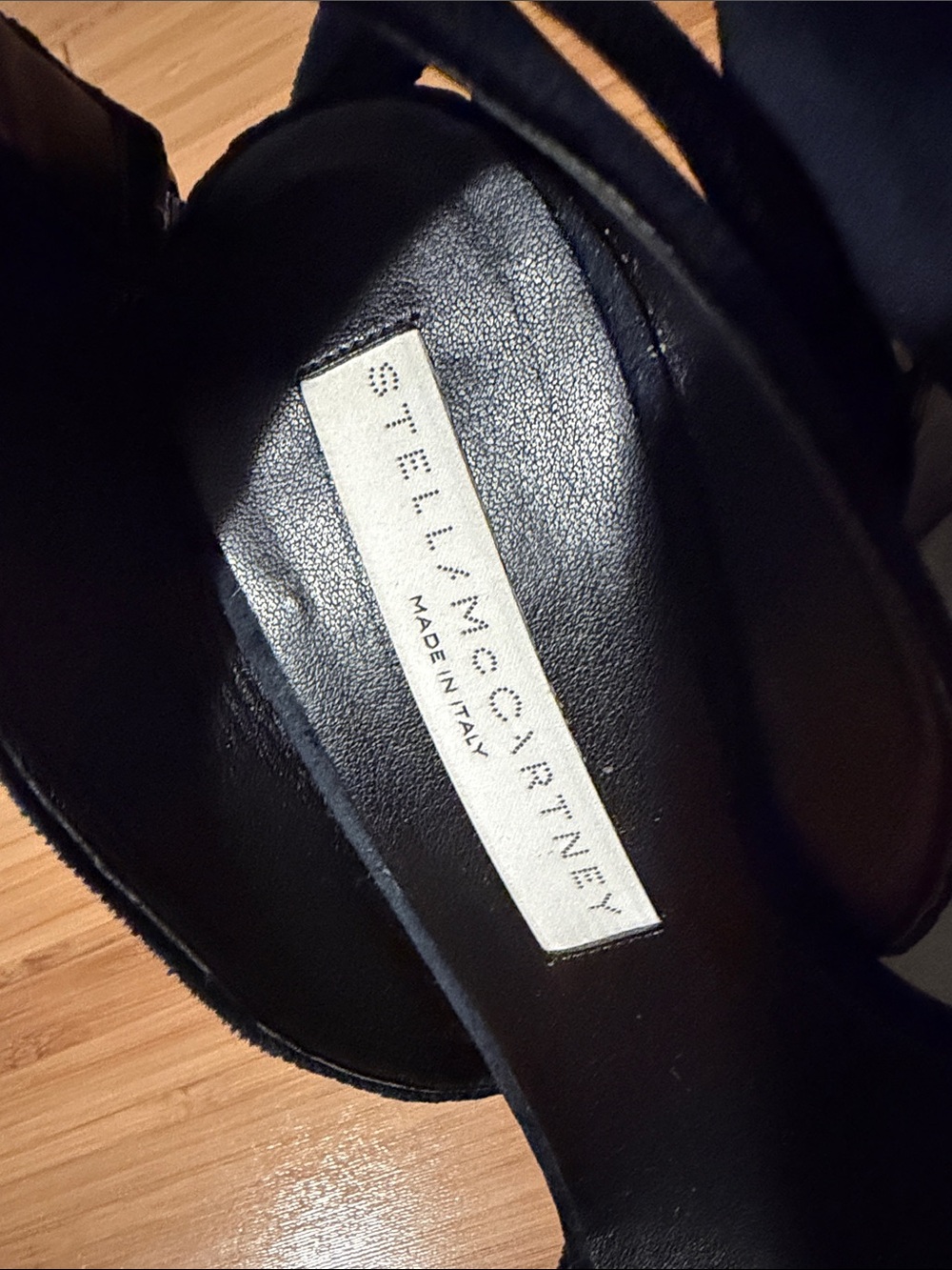 Stella McCartney Navy Suede Block Heel Sandals with Tortoiseshell-Effect Heel - Picture 3 of 6